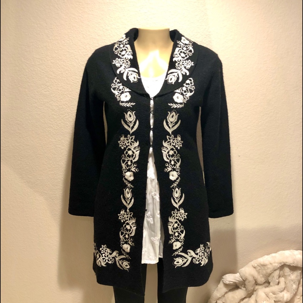 Black wool jacket with white embroidery